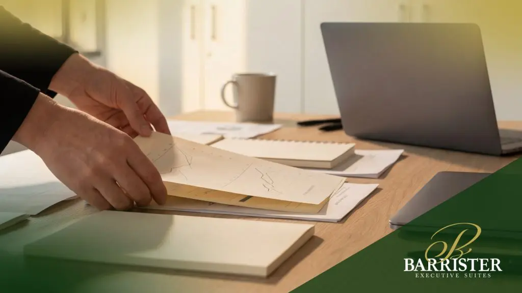 Barrister Suites Office Lease A person organizes documents on a wooden desk with a laptop, notepad, and coffee mug. The logo Barrister Executive Suites appears in the corner. Sunlight brightens the scene.