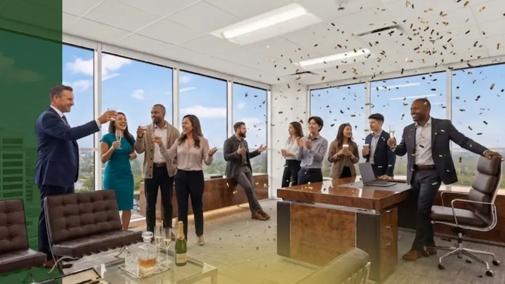 Barrister Suites Office Lease A group of professionally dressed people in an office celebrate with drinks and confetti, smiling and talking near large windows with a city view. Champagne bottles and glasses are on the table.