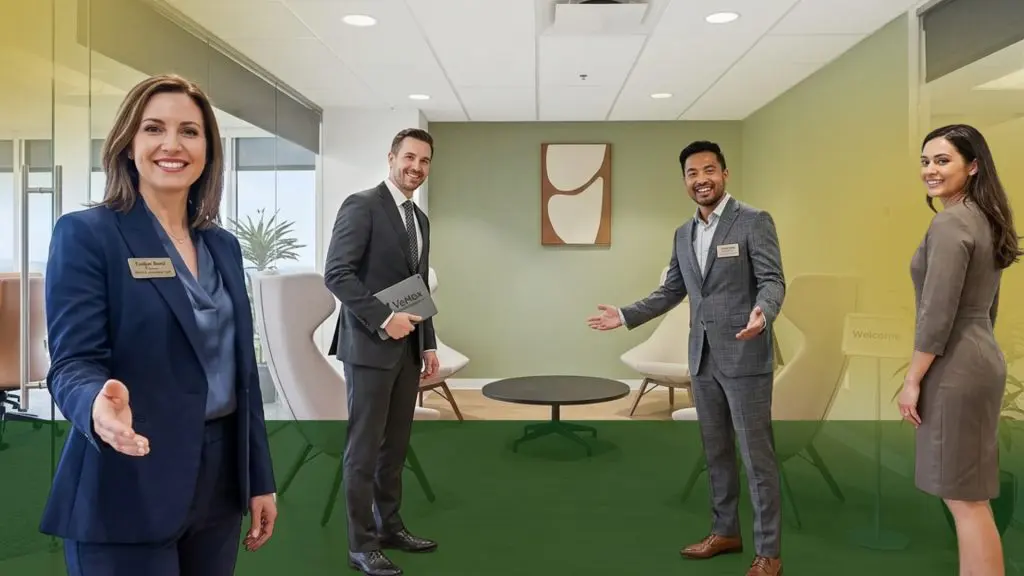 Barrister Suites Office Lease Four professionally dressed people stand in a modern office lounge, smiling and welcoming visitors with open gestures. The space features chairs, a small table, and soft green walls.