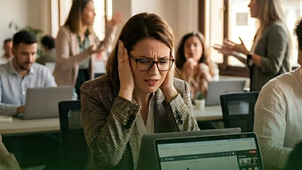 Barrister Suites Office Lease A woman in an office covers her ears and looks stressed at her laptop, while colleagues in the background appear to be talking and arguing, creating a noisy, chaotic atmosphere.