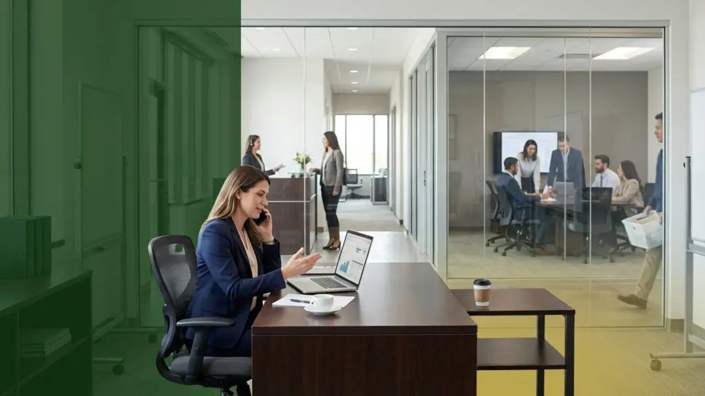 Barrister Suites Office Lease A woman in business attire sits at a desk, talking on the phone and using a laptop. Behind her, people stand and talk, and a meeting takes place in a glass-walled conference room. Coffee cups and office supplies are visible.