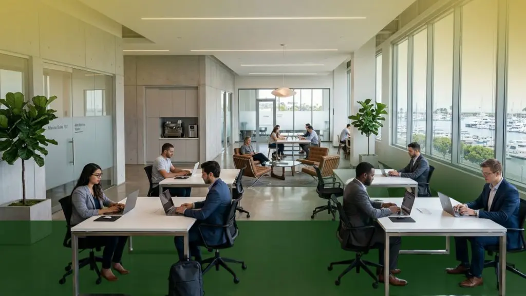 Barrister Suites Office Lease A modern open-plan office with people working at desks and laptops, some in business attire, large windows with a marina view, indoor plants, and a lounge area in the background.