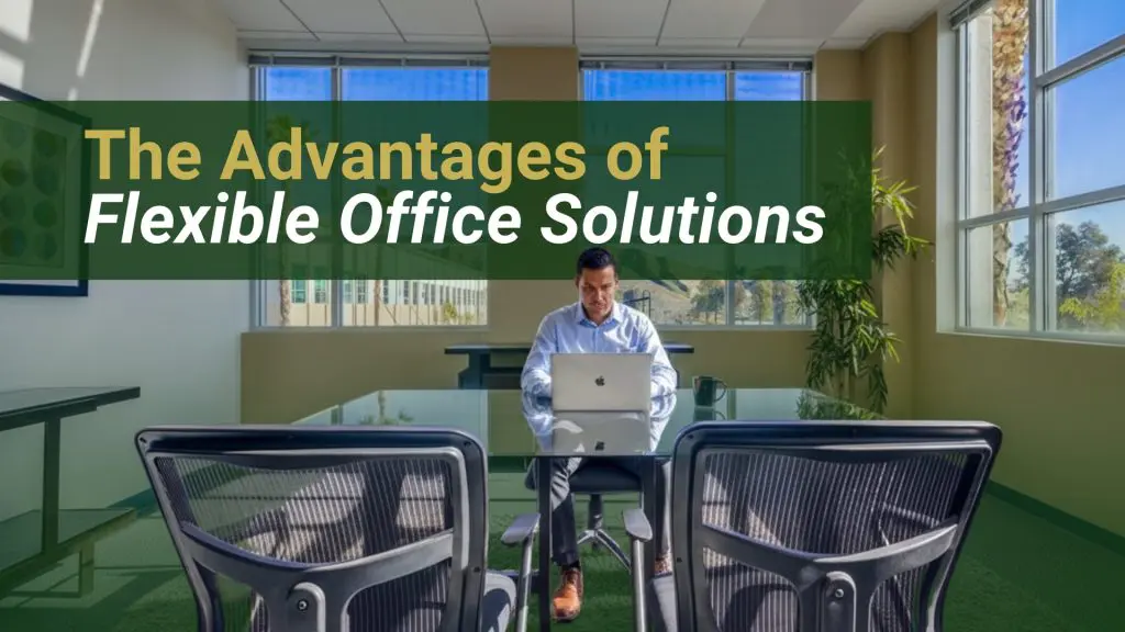 Barrister Suites Office Lease A man works on a laptop at a desk in a modern, bright office with large windows. Bold text reads, The Advantages of Flexible Office Solutions.