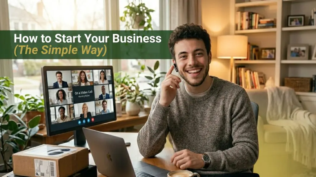 Barrister Suites Office Lease Smiling man sits at a desk with a laptop and coffee, talking on the phone. A monitor shows a video call with several participants. Text reads, How to Start Your Business (The Simple Way). Cozy home office setting.
