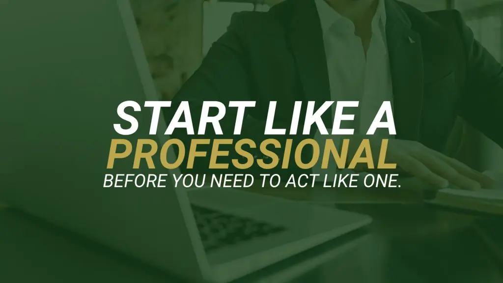 Barrister Suites Office Lease A person in a suit sits at a desk with a laptop. Overlaid text reads: Start like a professional before you need to act like one.