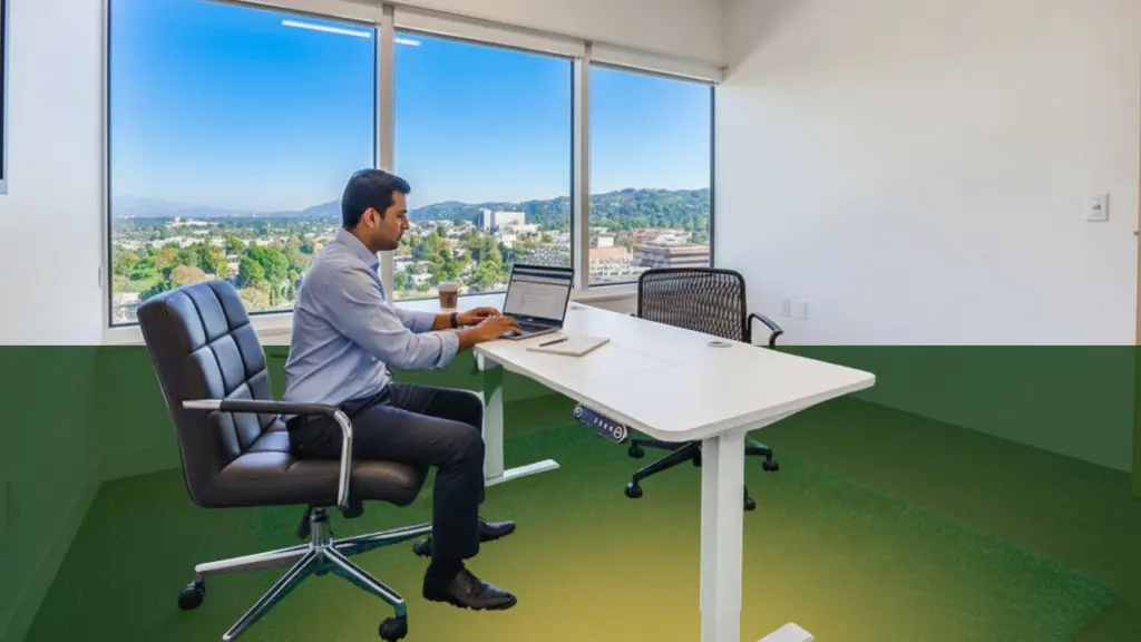 Barrister Suites Office Lease A man in business attire sits at a white desk in a modern office with large windows, working on a laptop and holding a coffee cup. The windows reveal a scenic view of trees and buildings outside.