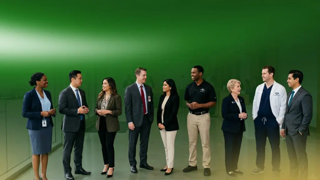 Barrister Suites Office Lease A diverse group of eight professionals, including doctors and businesspeople, stand in a row indoors, smiling and conversing against a green gradient background.