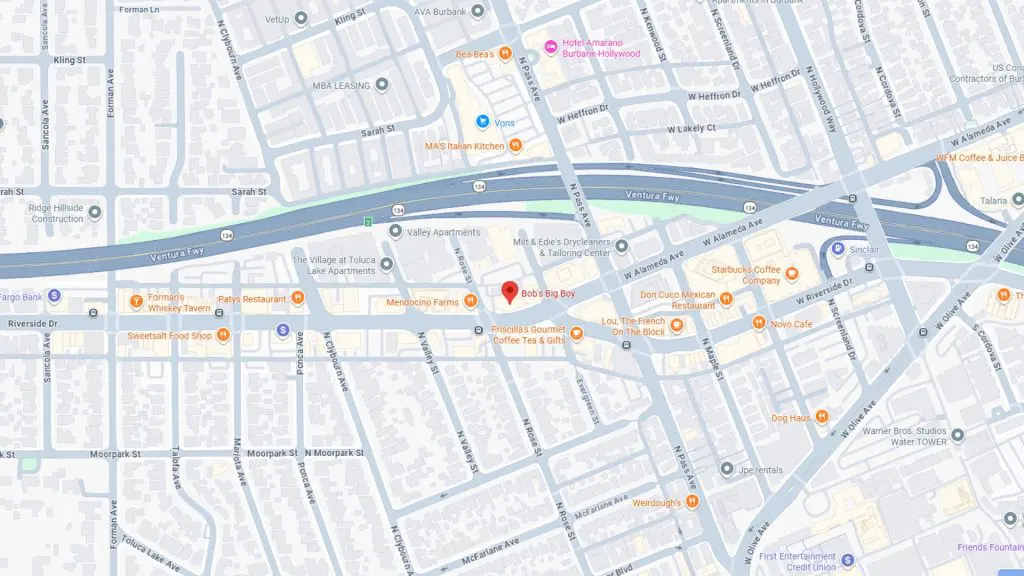 Barrister Suites Office Lease A digital map showing streets and businesses near Ventura Fwy in Studio City, Los Angeles, including restaurants, cafes, parks, apartments, and major roads such as Ventura Blvd and Lankershim Blvd.