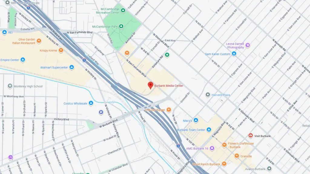 Barrister Suites Office Lease Map showing the Burbank Media Center area in Burbank, California, with nearby highways, streets, parks, schools, restaurants, and shopping locations marked and labeled.
