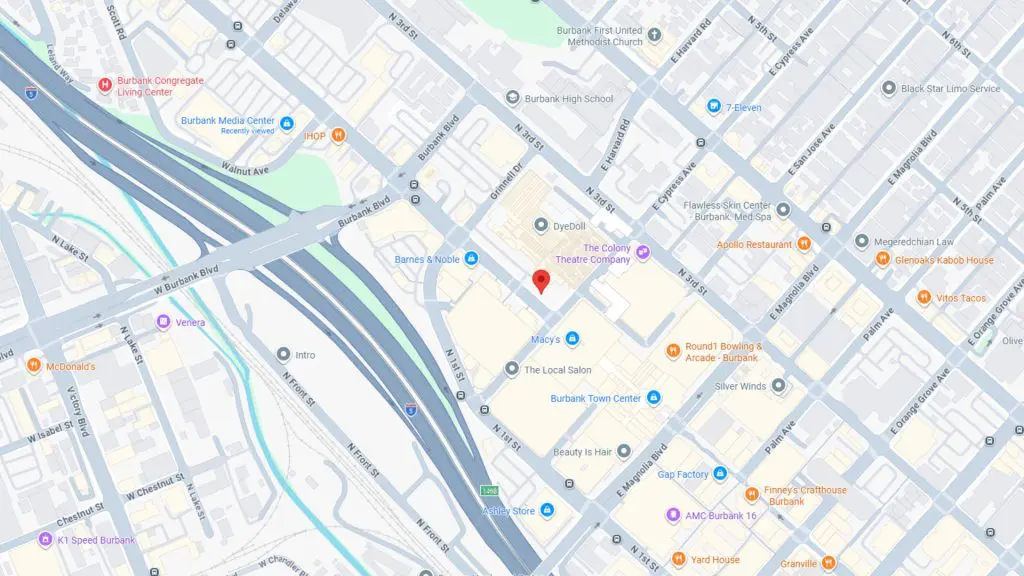 Barrister Suites Office Lease Map of downtown Burbank, California, showing streets, notable businesses, Burbank Town Center, AMC theater, Macy’s, and surrounding shops, with several icons and labels, and a red location marker near San Fernando Blvd.