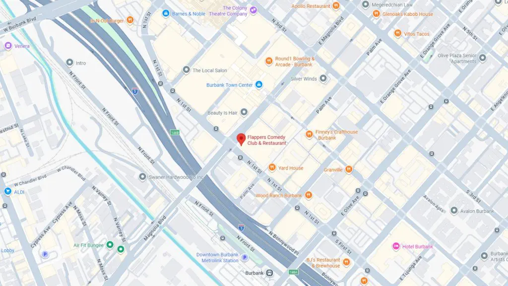 Barrister Suites Office Lease A map of downtown Burbank, California, highlighting Flappers Comedy Club & Restaurant near the intersection of Magnolia Blvd and First St, with nearby roads, businesses, and landmarks labeled.
