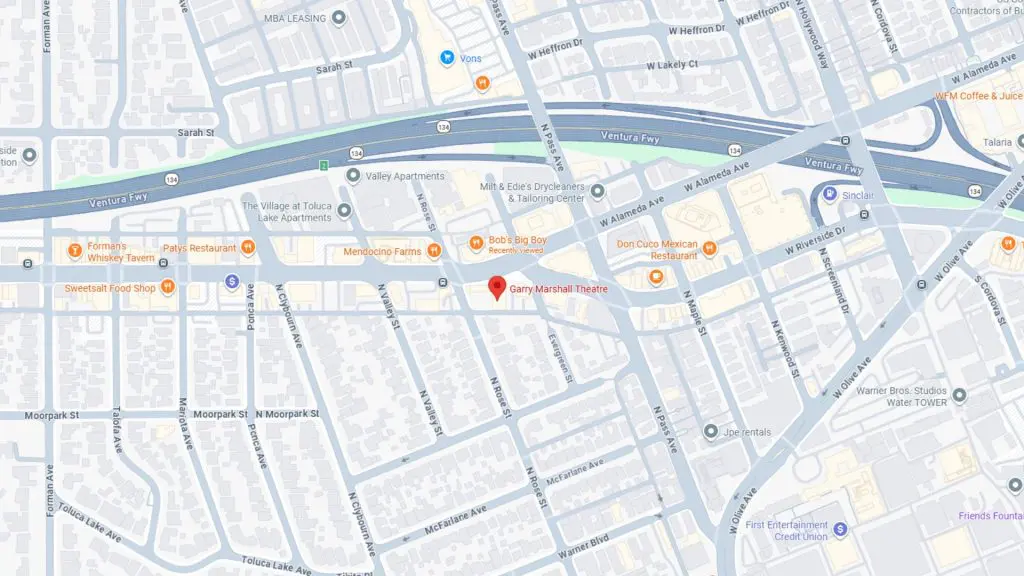 Barrister Suites Office Lease A digital map displays streets and businesses in Toluca Lake, Los Angeles, centered on the Garry Marshall Theatre, with Ventura Freeway running horizontally at the top and various restaurants and shops marked nearby.