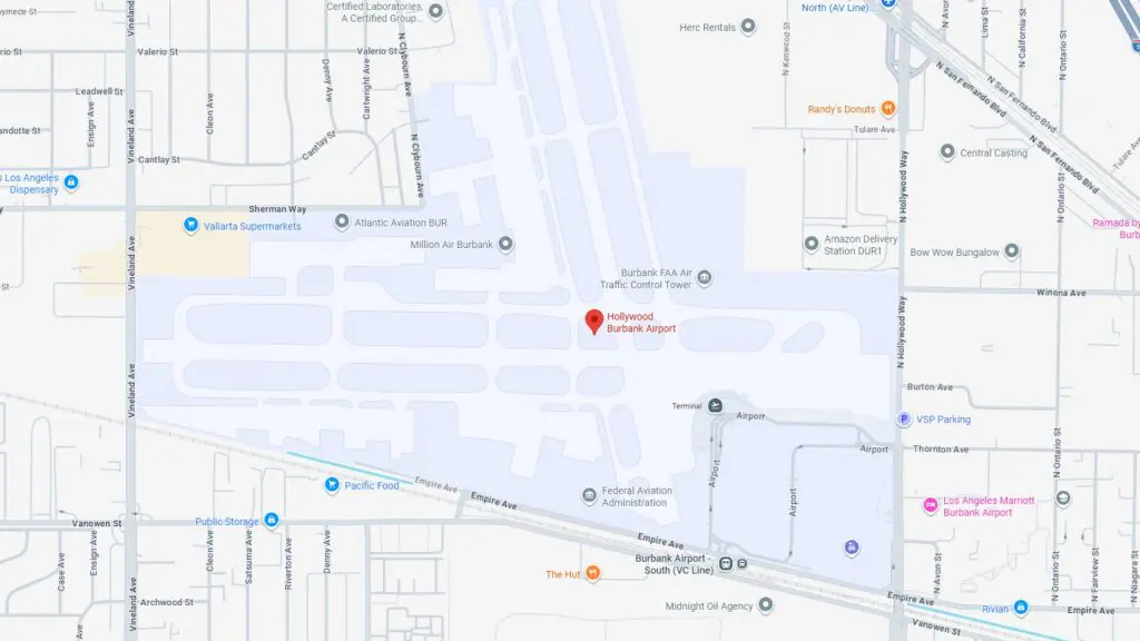 Barrister Suites Office Lease Map showing Hollywood Burbank Airport and surrounding streets in Burbank, California, including Empire Ave, N Hollywood Way, and Vanowen St, with various landmarks, businesses, and parking areas labeled.