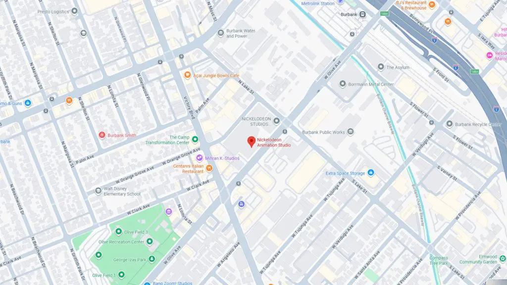 Barrister Suites Office Lease A map showing the location of Nickelodeon Animation Studio in Burbank, California, surrounded by nearby streets, parks, schools, and businesses.