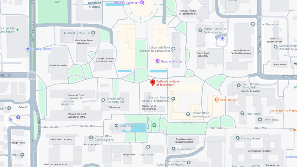 Barrister Suites Office Lease Map view of the California Institute of Technology campus, showing labeled buildings, roads, and landmarks including Caltech auditorium, RedDoor Café, and nearby streets. A red marker highlights the location of Caltech.