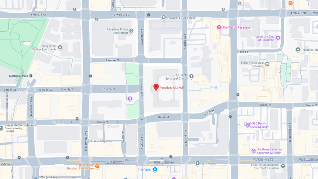 Barrister Suites Office Lease Map showing the location of Pasadena City Hall in Pasadena, California, near Union St and Garfield Ave, with nearby landmarks and businesses labeled.