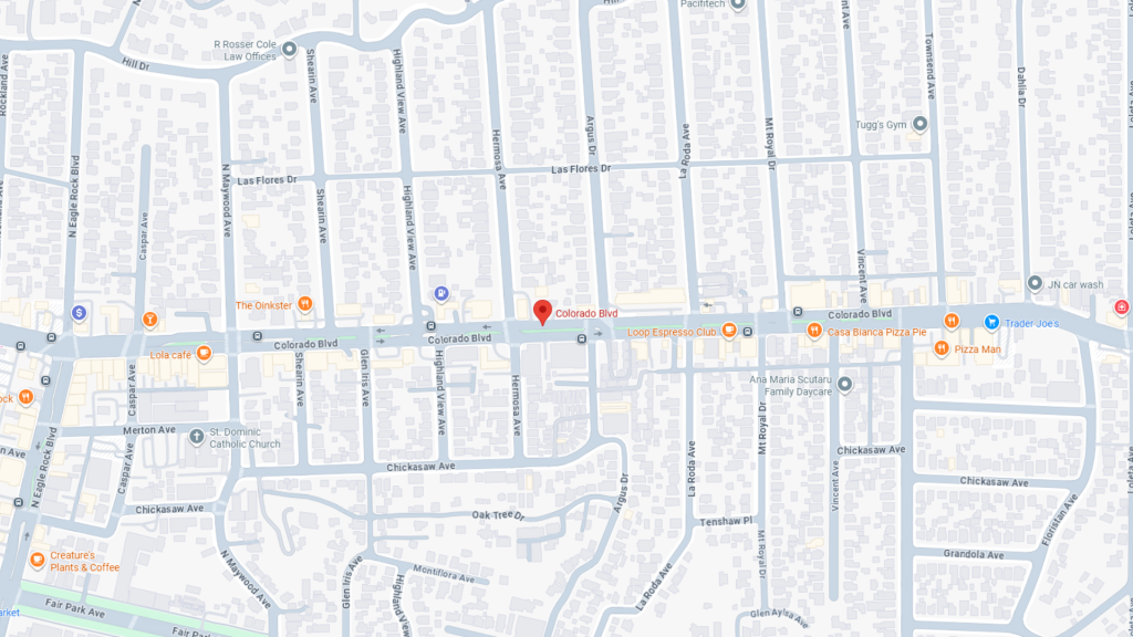 Barrister Suites Office Lease A digital map showing a section of Colorado Blvd with several labeled businesses, streets, and intersections in a residential area. A red location pin marks a specific point along Colorado Blvd.
