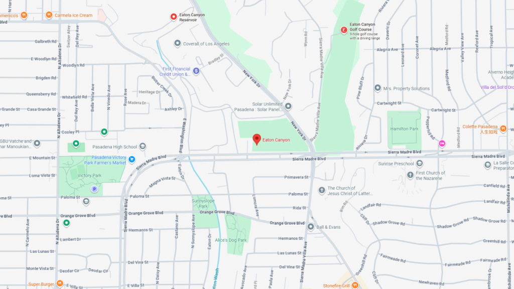 Barrister Suites Office Lease Map showing Eaton Canyon area in Pasadena, California, with nearby streets, schools, parks, churches, and landmarks such as Pasadena High School, Alices Dog Park, and several dining locations. Eaton Canyon is marked in green.