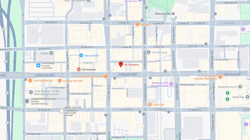 Barrister Suites Office Lease A map showing the Old Pasadena area in Pasadena, California, highlighting key streets such as Colorado Blvd, Fair Oaks Ave, and De Lacey Ave, with markers for restaurants and businesses.