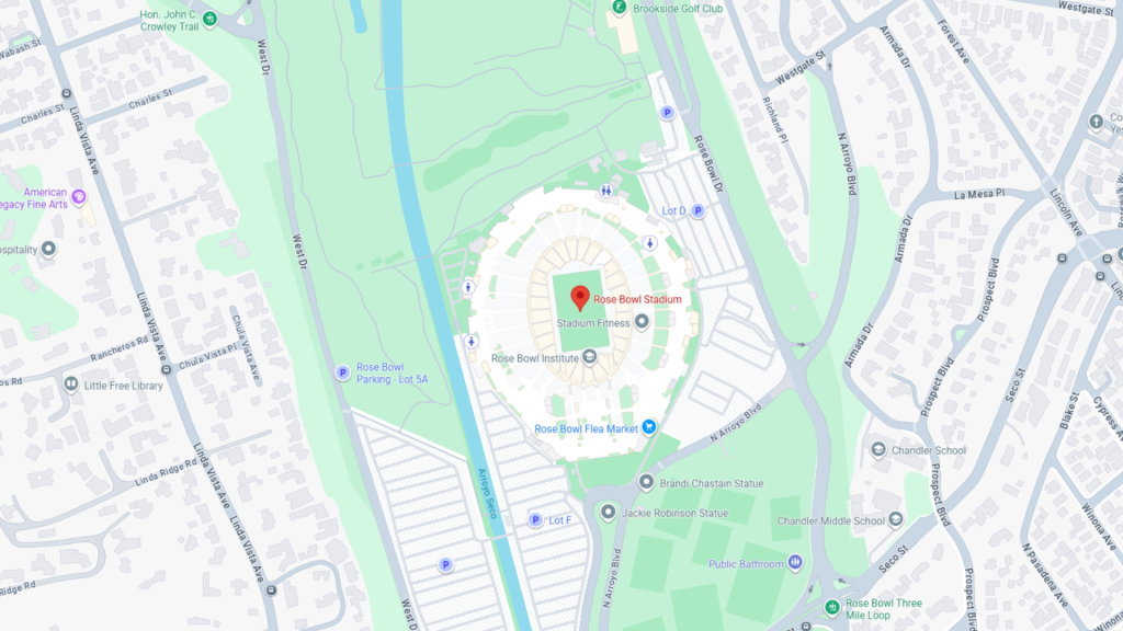 Barrister Suites Office Lease Map showing the area around Rose Bowl Stadium in Pasadena, California, highlighting nearby streets, parking lots, landmarks, and surrounding neighborhoods. A red location pin marks the stadiums position.