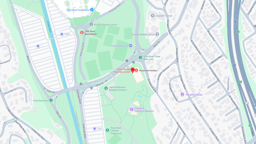 Barrister Suites Office Lease Map showing the area around the Rose Bowl in Pasadena, California, highlighting locations such as Rose Bowl Flea Market, Jackie Robinson Baseball Stadium, Kidspace Childrens Museum, and nearby streets and schools.