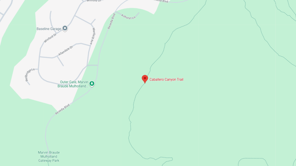 Barrister Suites Office Lease Map showing the location of Caballero Canyon Trail, marked by a red pin, near residential streets and Marvin Braude Mulholland Gateway Park, surrounded by green shaded areas indicating natural landscape.