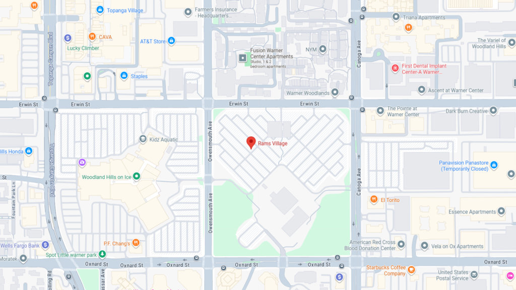 Barrister Suites Office Lease A map showing the area around Rams Village in Woodland Hills, Los Angeles. Nearby streets include Erwin St, Owensmouth Ave, and Oxnard St. Points of interest and local businesses are labeled on the map.