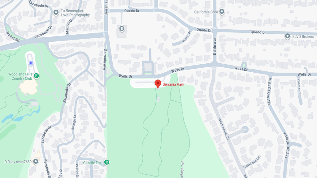 Barrister Suites Office Lease Map showing the location of Serrania Park, marked with a red pin, surrounded by residential streets including Wells Dr, Escobedo Dr, and Avenida Oriente in Woodland Hills, California.
