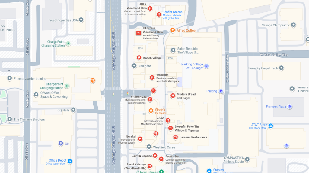 Barrister Suites Office Lease Map showing the Woodland Hills area with various restaurants, shops, parking lots, and services labeled along Topanga Canyon Blvd, including places like Joey, Alfred Coffee, and Westfield Cares.