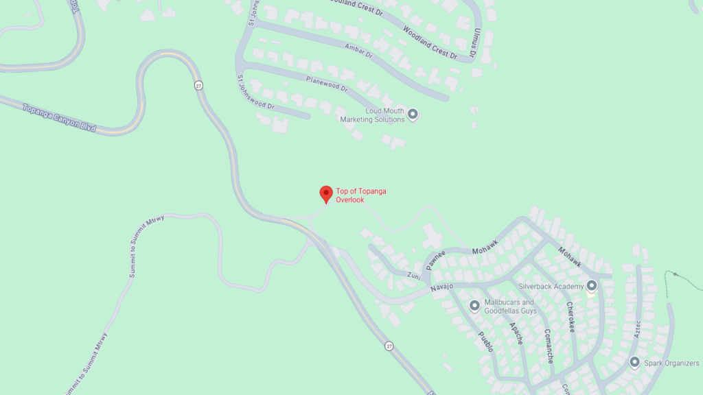Barrister Suites Office Lease A map showing the location of Top of Topanga Overlook in a residential area near winding roads, neighborhoods, and local businesses in Topanga, California.