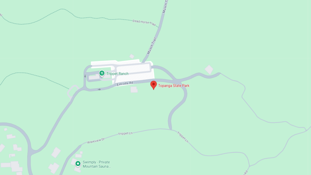 Barrister Suites Office Lease A digital map shows Topanga State Park marked by a red pin, with nearby roads labeled Trippet Ln, Entrada Rd, and Waveview Dr. Tripet Ranch and other locations are also indicated on a light green background.