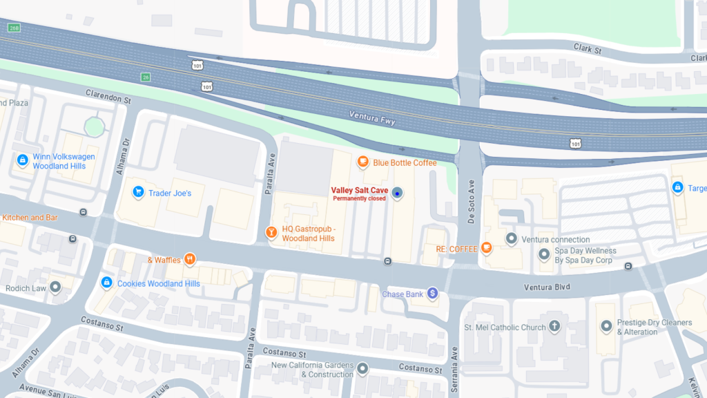 Barrister Suites Office Lease A map view of Ventura Blvd in Woodland Hills, Los Angeles, showing locations such as Trader Joe’s, Blue Bottle Coffee, RE COFFEE, and the permanently closed Valley Salt Cave. Major roads and nearby businesses are labeled.