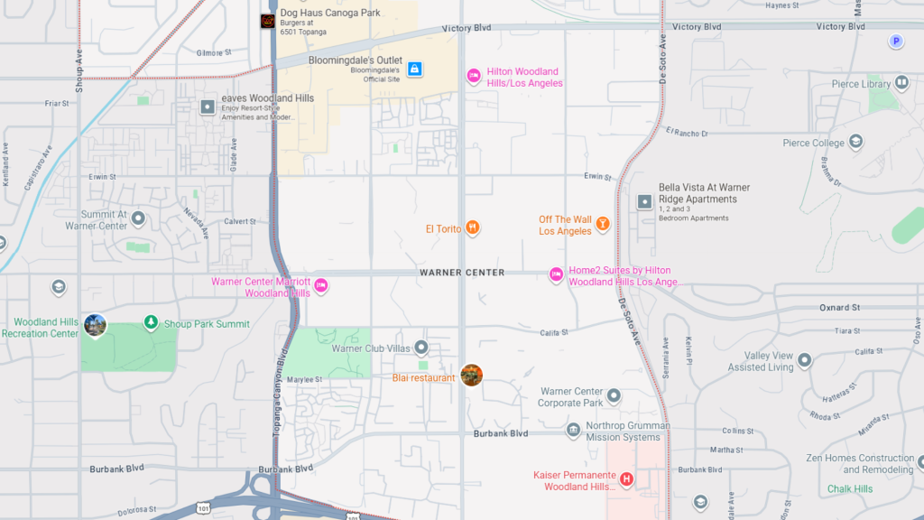 Street map of the Warner Center/Woodland Hills area showing major roads (Victory Blvd, Burbank Blvd, De Soto Ave) and landmarks like Hilton Woodland Hills and El Torito restaurant.