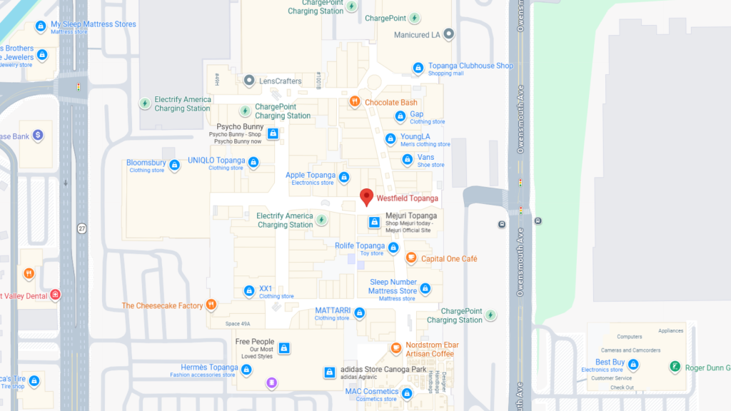 Barrister Suites Office Lease Map showing the location of Westfield Topanga mall, highlighted with a red marker, surrounded by stores, restaurants, and parking areas along Topanga Canyon Blvd and Owensmouth Ave in Canoga Park, California.