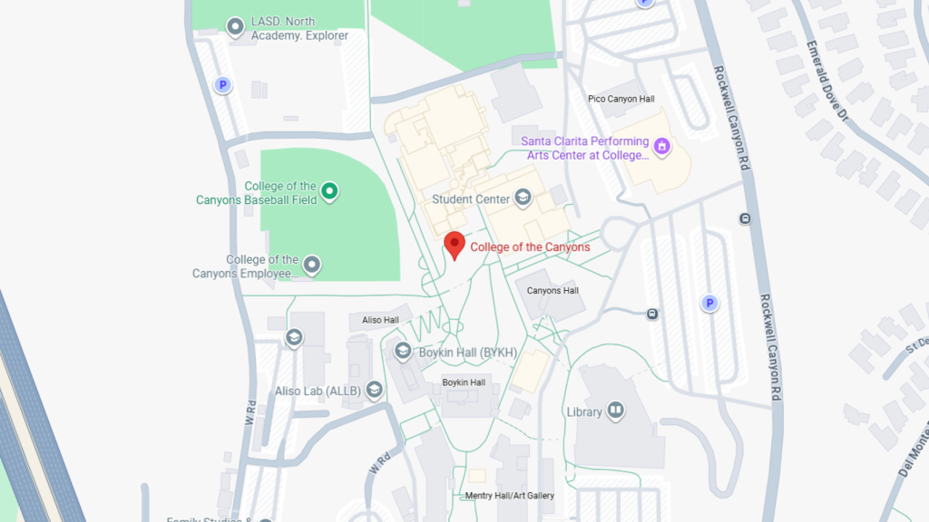Barrister Suites Office Lease A map showing the College of the Canyons campus, including landmarks like the Student Center, Library, Boykin Hall, Aliso Hall, baseball field, and nearby roads Rockwell Canyon Road and Valencia Boulevard.