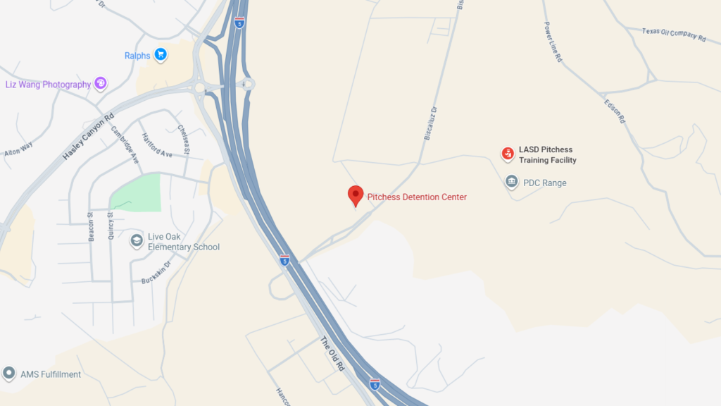 Barrister Suites Office Lease A map showing the location of Pitches Detention Center near highways and local landmarks, including Live Oak Elementary School, LASD Pitches Training Facility, PDC Range, and nearby roads.