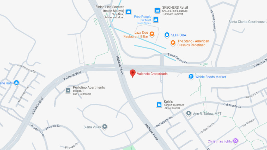 Barrister Suites Office Lease A map showing the area around Valencia Crossroads shopping center in Santa Clarita, CA, with nearby locations including Whole Foods Market, Kohls, Lazy Dog Restaurant, and The Stand. Main roads shown are Magic Mountain Pkwy and Valencia Blvd.
