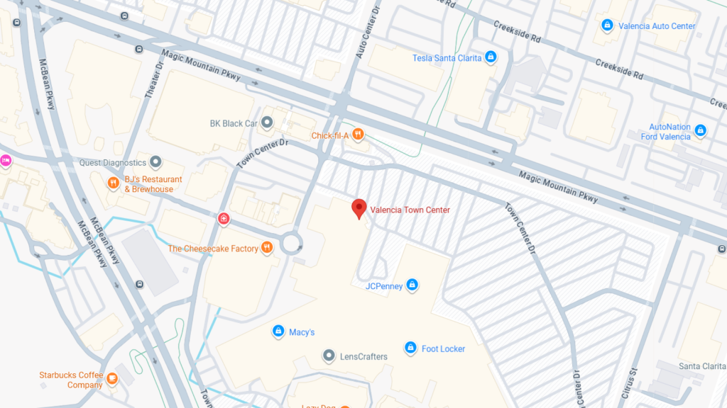 Barrister Suites Office Lease Map showing Valencia Town Center and nearby businesses, including Cheesecake Factory, Chick-fil-A, BJs Restaurant, Macys, JCPenney, and LensCrafters, with streets and parking lots labeled.