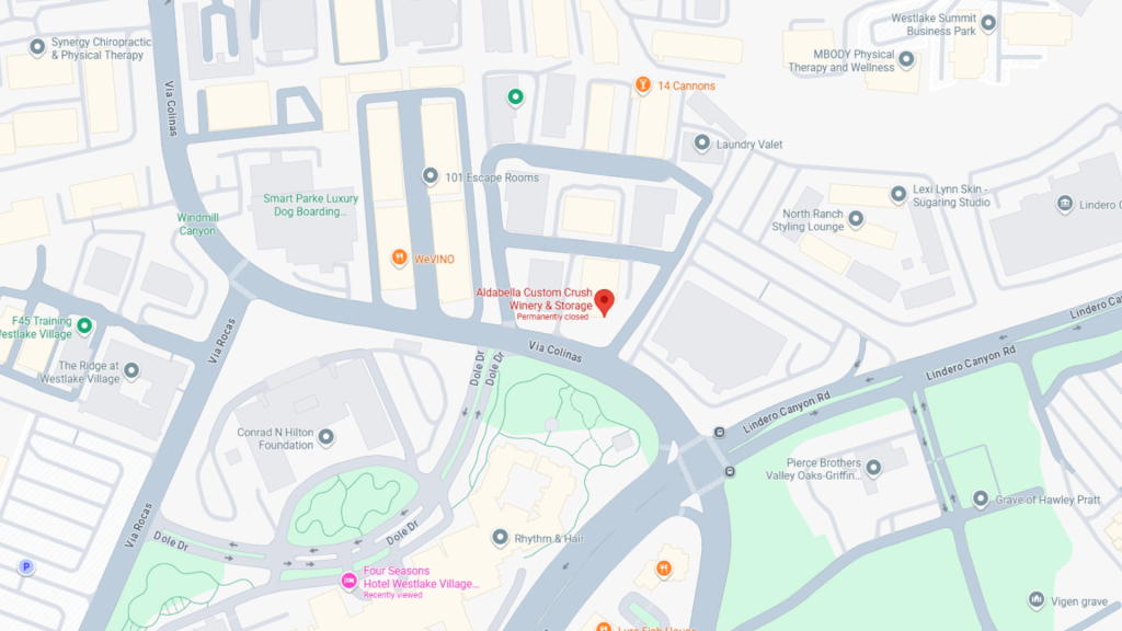 Map view showing Aldabella Custom Crush Winery & Storage location near Via Colinas and Lindero Canyon Rd.