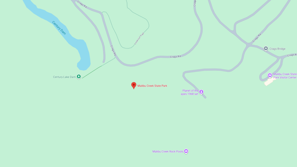 Barrister Suites Office Lease Map showing Malibu Creek State Park and nearby landmarks including Century Lake Dam, Crags Bridge, Planet of the Apes 1968 Set, Malibu Creek Rock Pool, and various roads and trails.