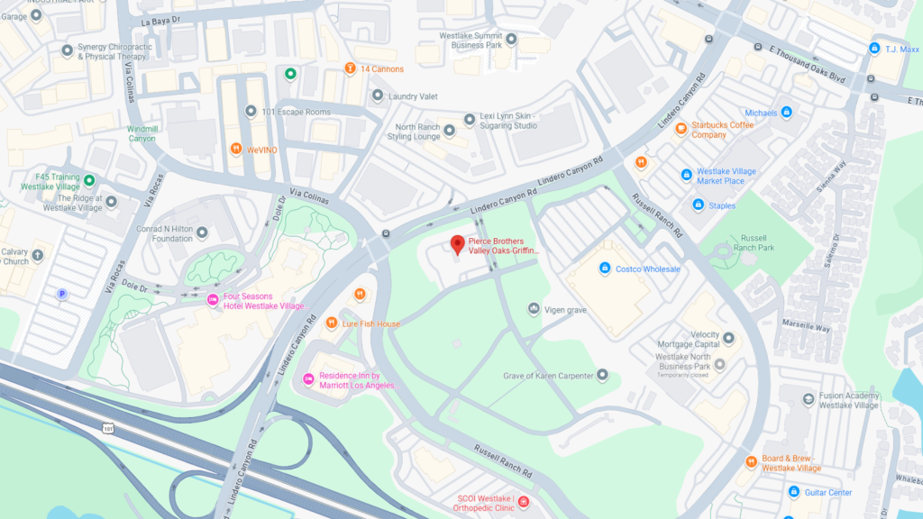 Barrister Suites Office Lease A digital map showing the location of Pierre Derbès Valley Club Softball in Westlake Village, surrounded by parks, residential areas, highways, and local businesses.