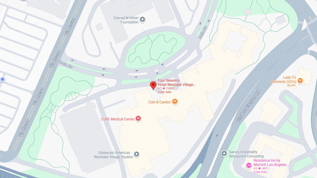 Barrister Suites Office Lease A map showing the location of Four Seasons Hotel Westlake Village, near U.S. Route 101, with nearby landmarks including CURE Medical Center, Coin & Candor, and Residence Inn by Marriott.