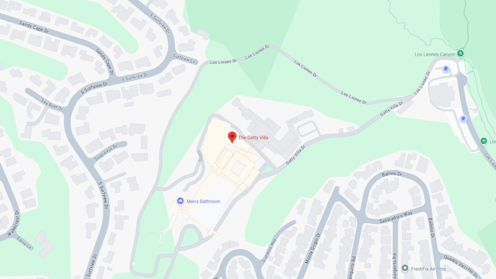 Barrister Suites Office Lease Map showing the location of The Getty Villa in Pacific Palisades, Los Angeles, with surrounding streets and landmarks labeled, including Los Liones Canyon and a mens bathroom.