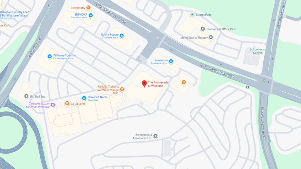 Barrister Suites Office Lease Map showing The Promenade at Westlake in Westlake Village, California, with nearby locations like Barnes & Noble, La La Land, and SEPHORA, bordered by Thousand Oaks Blvd and Promenade Way.