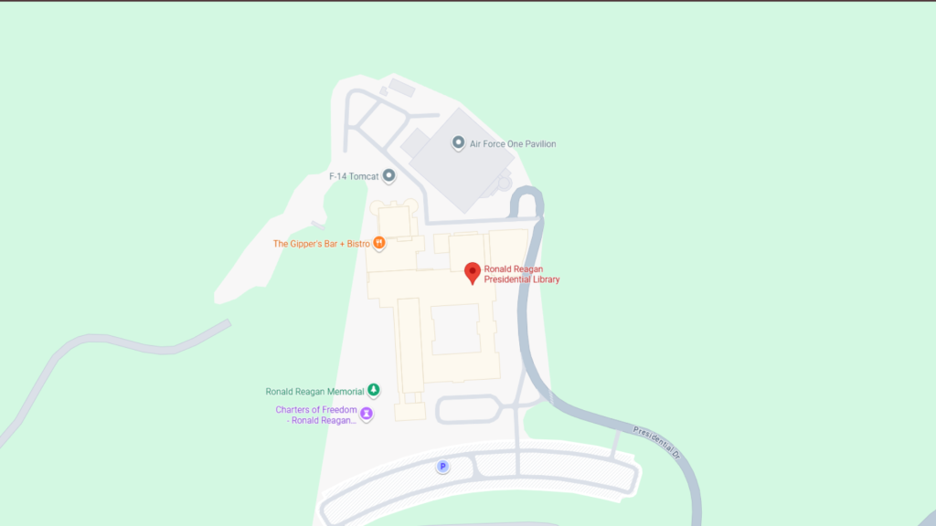 Barrister Suites Office Lease Map showing the layout of the Ronald Reagan Presidential Library, with labeled locations including the Air Force One Pavilion, F-14 Tomcat, The Gipper’s Bar + Bistro, Charters of Freedom, and Ronald Reagan Memorial.