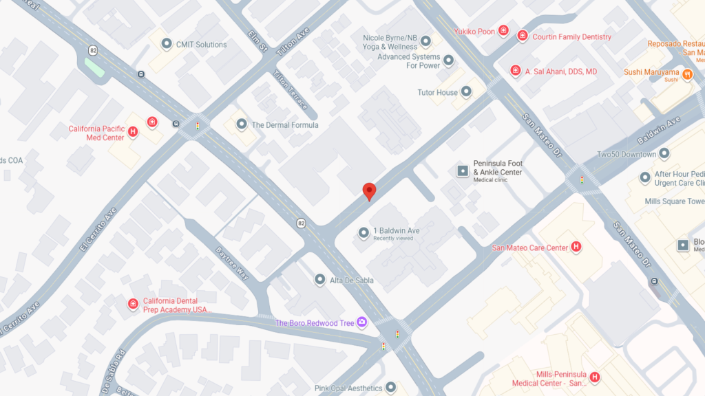 Barrister Suites Office Lease A digital map showing streets and businesses in an urban area, with a red location pin marking a spot near The Dental Formula and Peninsula Foot & Ankle Center. Nearby roads and various clinics are labeled.