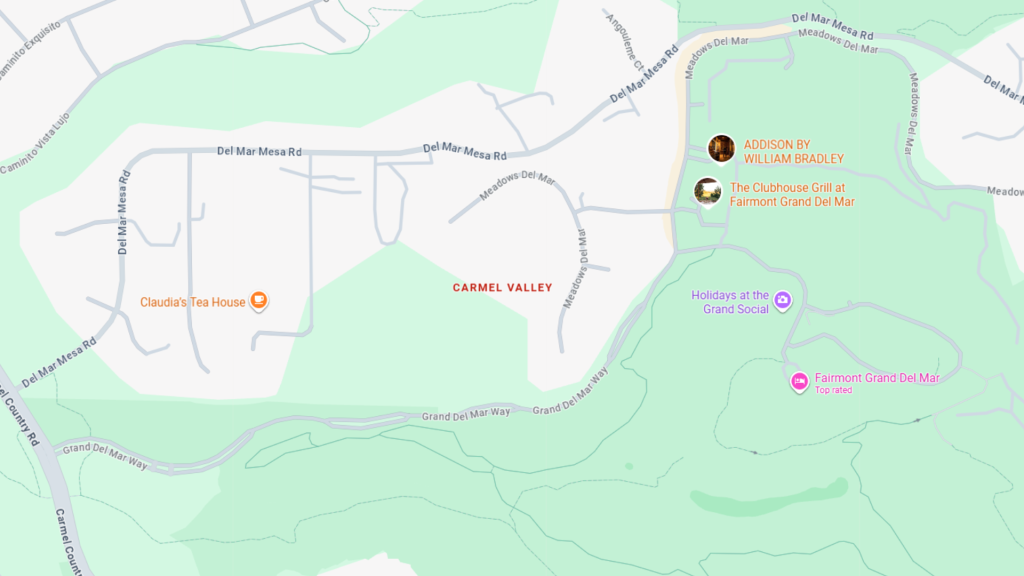 Barrister Suites Office Lease Map of Carmel Valley area in San Diego, highlighting locations such as Claudia’s Tea House, The Clubhouse Grill, Addison by William Bradley, Holidays at the Grand Social, and Fairmont Grand Del Mar hotel.