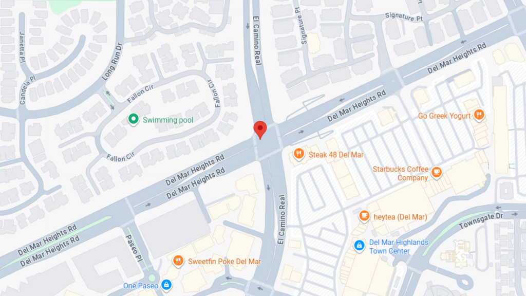 Barrister Suites Office Lease A map showing the intersection of El Camino Real and Del Mar Heights Rd, featuring nearby businesses like Starbucks, Go Greek Yogurt, and Del Mar Highlands Town Center, with residential areas and a swimming pool to the northwest.