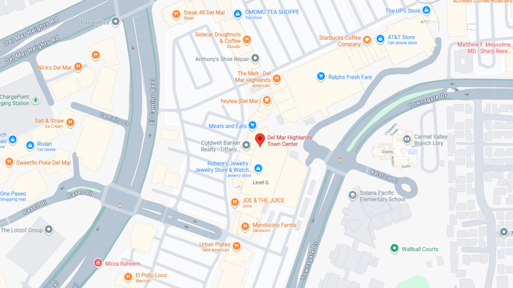 Barrister Suites Office Lease Map showing the Del Mar Highlands Town Center area with nearby shops, restaurants, a library, and schools, including Ralphs Fresh Fare, Starbucks, Joe & The Juice, and Solana Pacific Elementary School. Roads and parking shown.