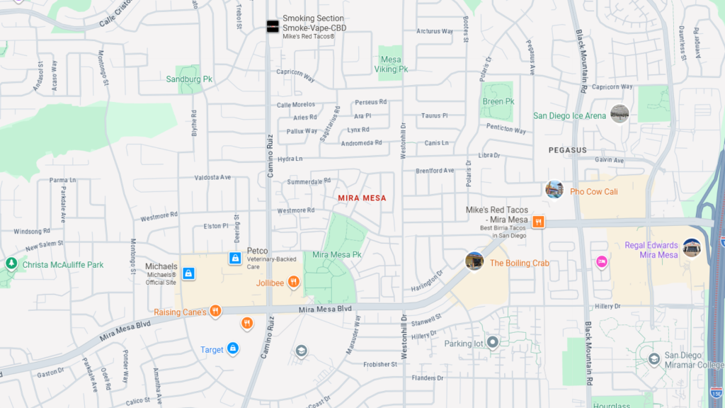 Barrister Suites Office Lease A map of Mira Mesa in San Diego, California, showing major roads, parks, restaurants, shopping centers, and landmarks such as Mira Mesa Park, Target, and Regal Edwards Mira Mesa theater.